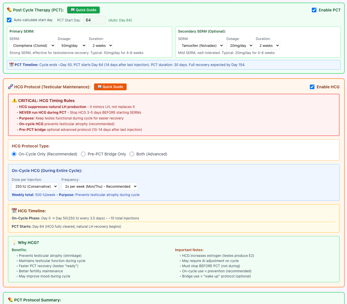 PCT planner - post cycle therapy setup with HCG, Clomid and Nolvadex protocols